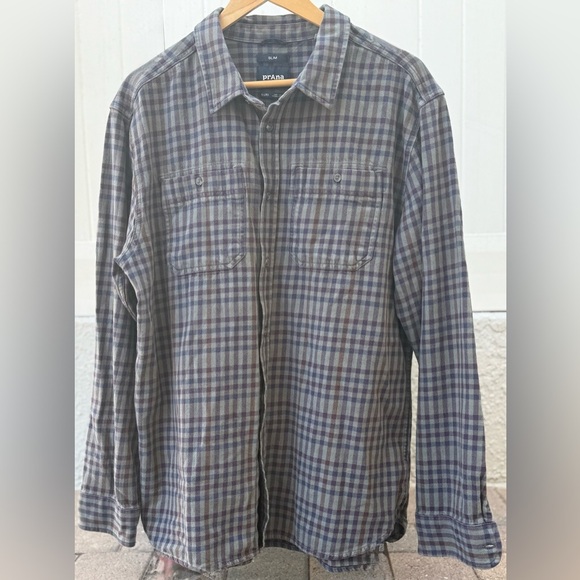 prAna XL Slim Fit Flannel Shirt Gray Purple Blue Plaid – Soft & Sustainable - Picture 1 of 6